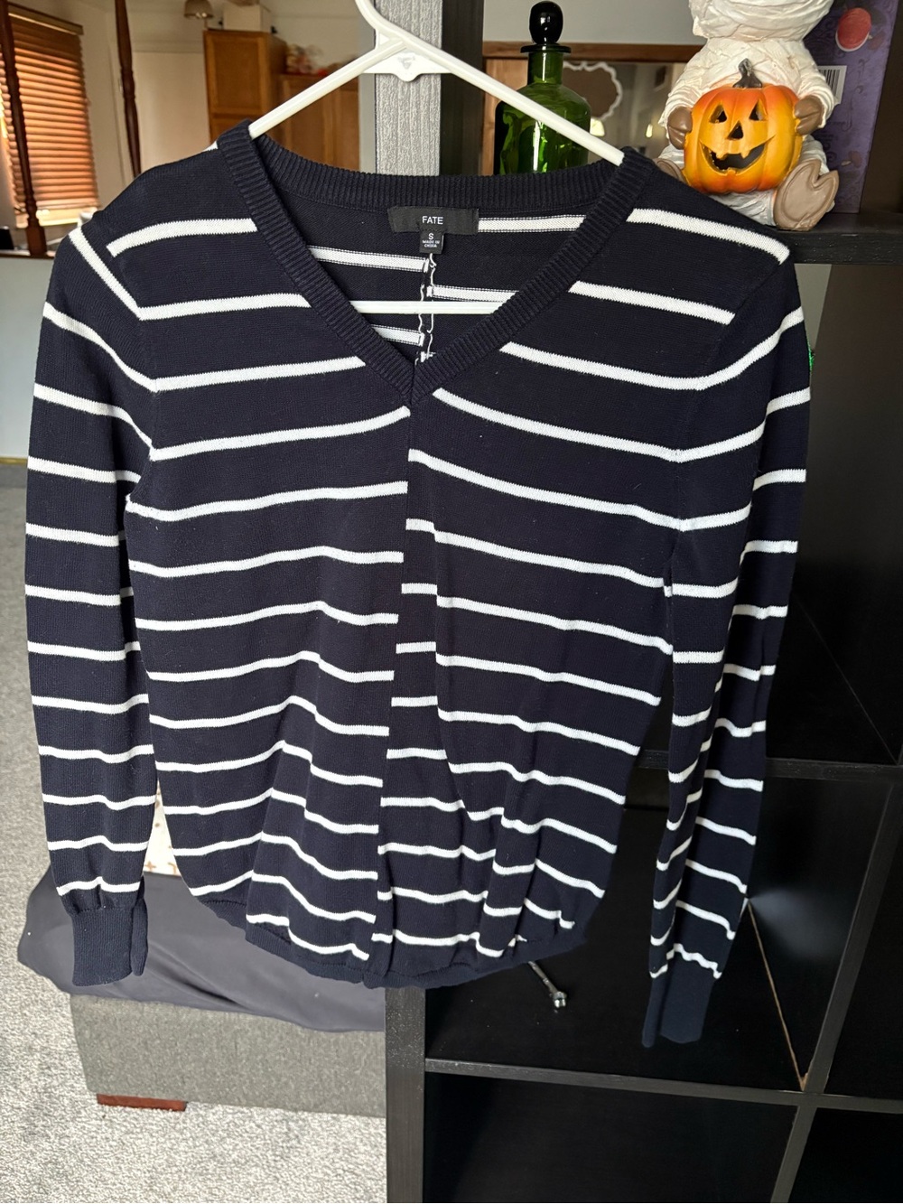 Fate Black and White Striped V‑Neck Sweater